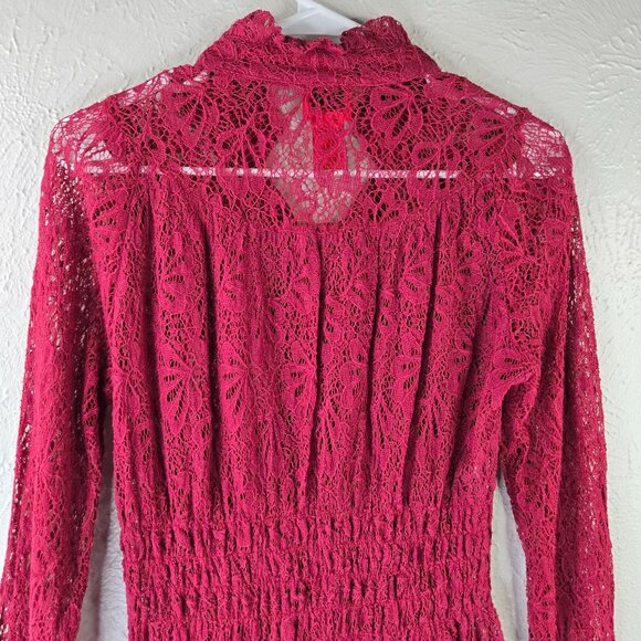 Cristina Tunic Red Floral Lace Sheer Button Front Bell Sleeve Fairy Glam Shirt - Picture 7 of 12